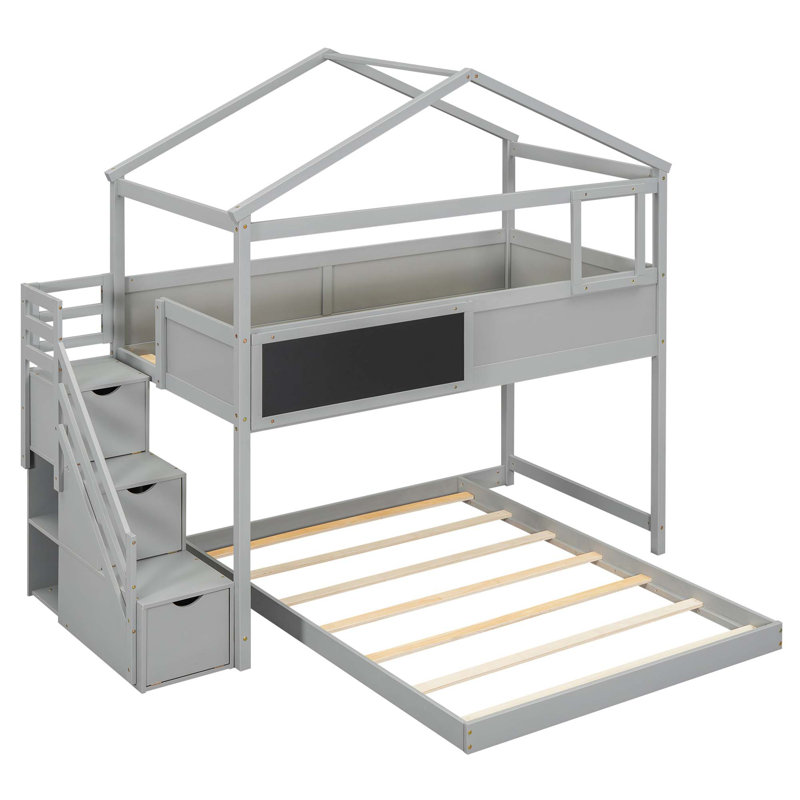 Lit superposé House avec escalier de rangement et planche, gris