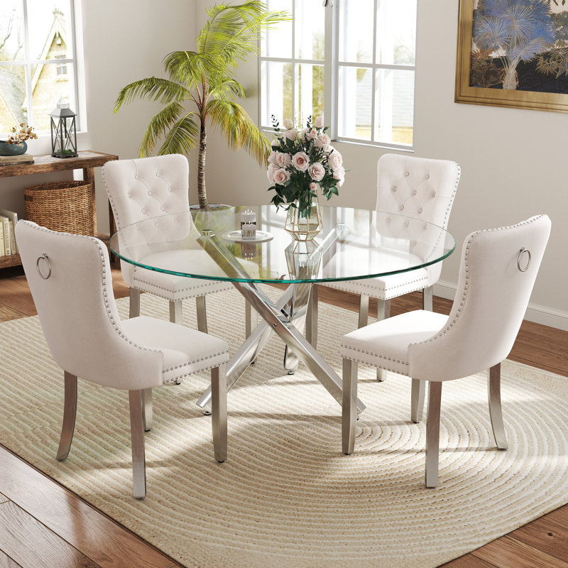 Ensemble de table de salle à manger 5 pièces, H 29,5 po x L 47 po x l 47 po, Beige/Argenté, Argent
