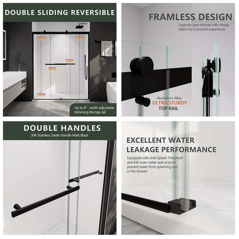 Porte de douche à porte coulissante double sans cadre avec verre gris cendré l 56 po x H 74 po