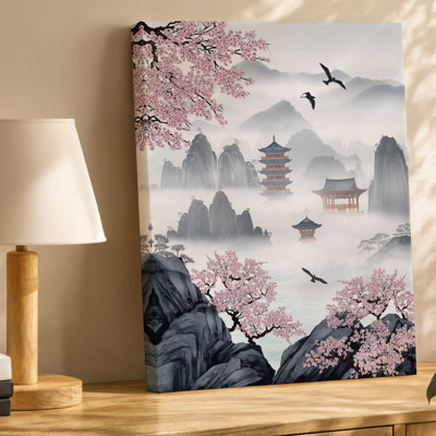 Toile dans un paysage éthéré tranquille, cerisiers en fleurs délicats, art mural en pleine floraison, leurs doux pétales roses flottant sur toile