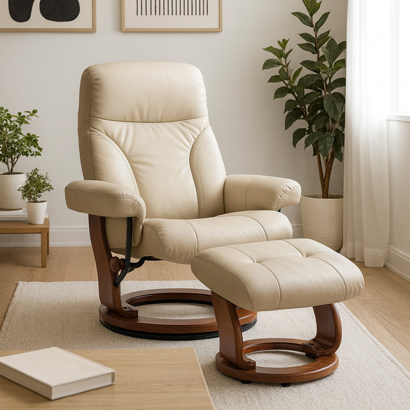 Mélaniee 32" Wide Swivel Recliner with Ottoman, Beige Leather Match