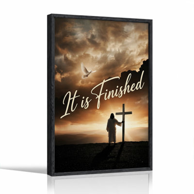 Figure With Cross And White Dove In Golden Sunset Sky Canvas Wall Art