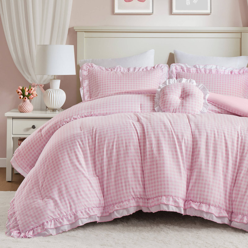 Ensembles de literie pour lit double en microfibre douce, maison moderne à volants en vichy