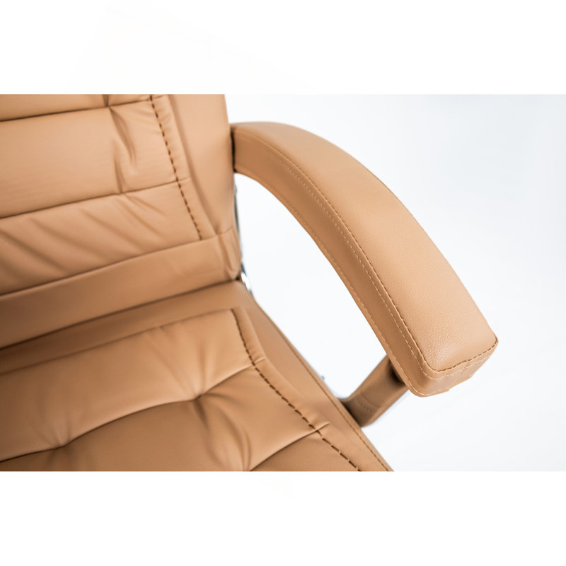 Fauteuil de direction en cuir synthétique à haut dossier avec coussin de siège à ressorts, fauteuil d'ordinateur pivotant ergonomique avec accoudoirs chromés, capacité de 350 lb pour le bureau personnel, chameau