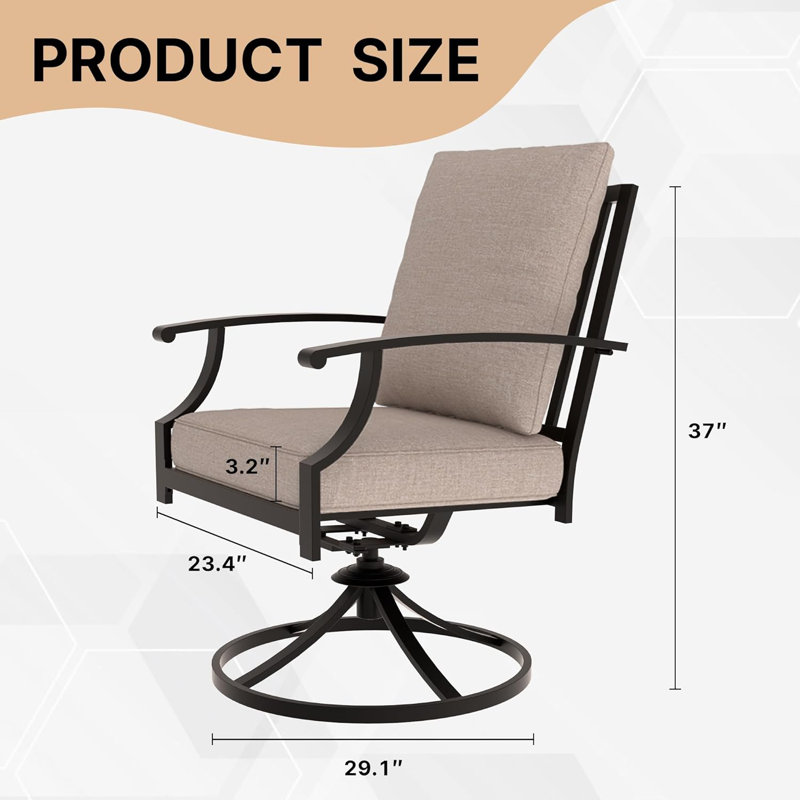 Jacenia 23.4"W Outdoor Swivel Rocking Iron Armchair with High Back and Water Resistant Cushions, Tan