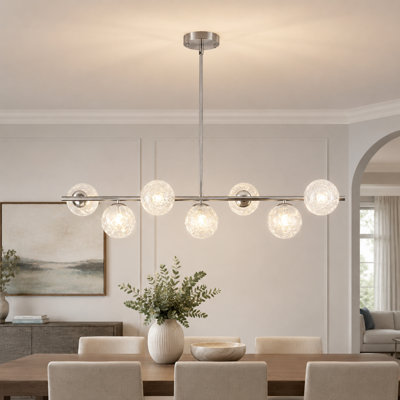 Modern 7-Light Satin Nickel Kitchen Island Linear Pendant Lighting With Snowy White Glass Shades