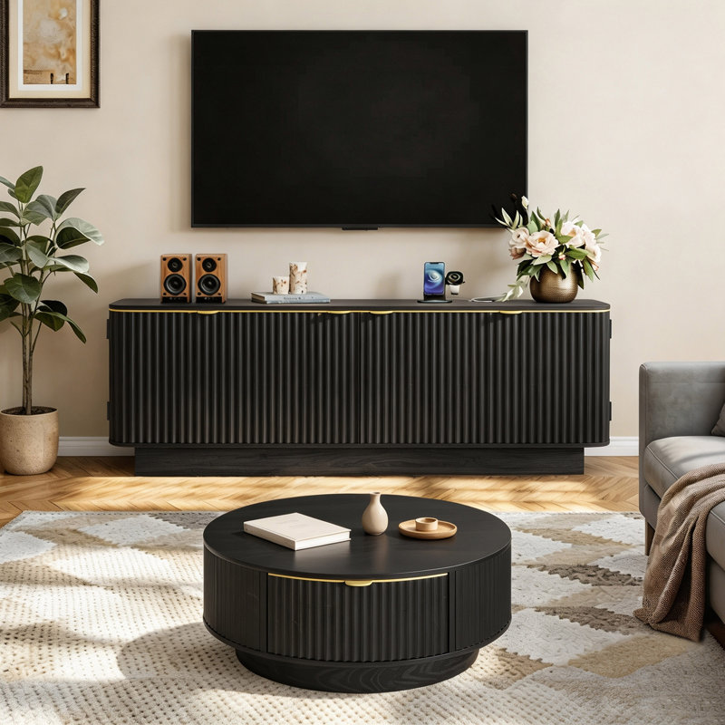 Meuble télé moderne pour téléviseur de 70 po ou moins, meuble audio-vidéo cannelé avec console de télévision et table basse