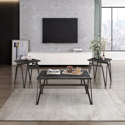 Ensemble de table d'appoint 3 pièces et 2 tables de bout avec plateau en pierre frittée noire