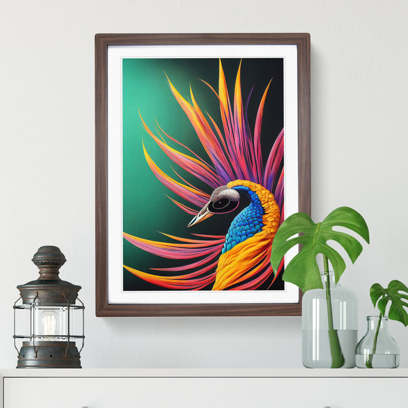 Bold Peacock No.5 - Single Picture Frame Print, Walnut, 64cm H x 46cm W x 2cm D