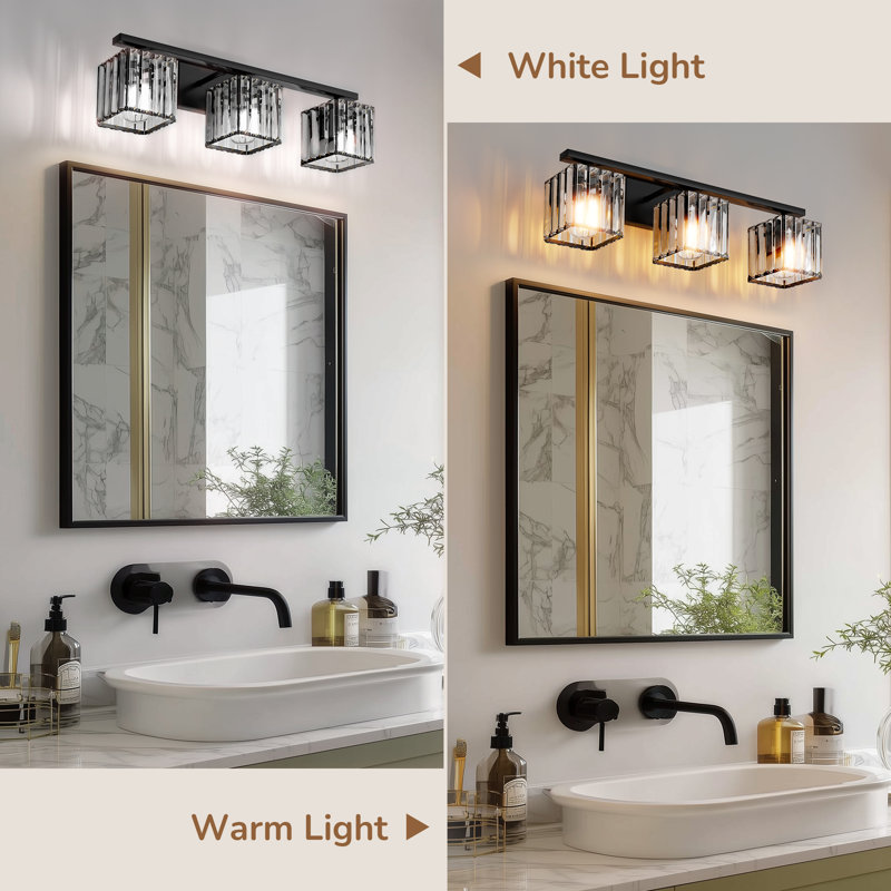 24'' 3-Light Dimmable Vanity Light With Crystal Glass Shade for Bathroom, Black