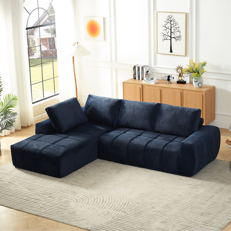 Canapé modulaire de luxe en fausse fourrure en L surdimensionné au design minimaliste, canapé-lit confortable pour le salon, les appartements et les espaces de réception, bleu foncé, 4 sièges, tissu doux pour la peau, surface, poche en éponge