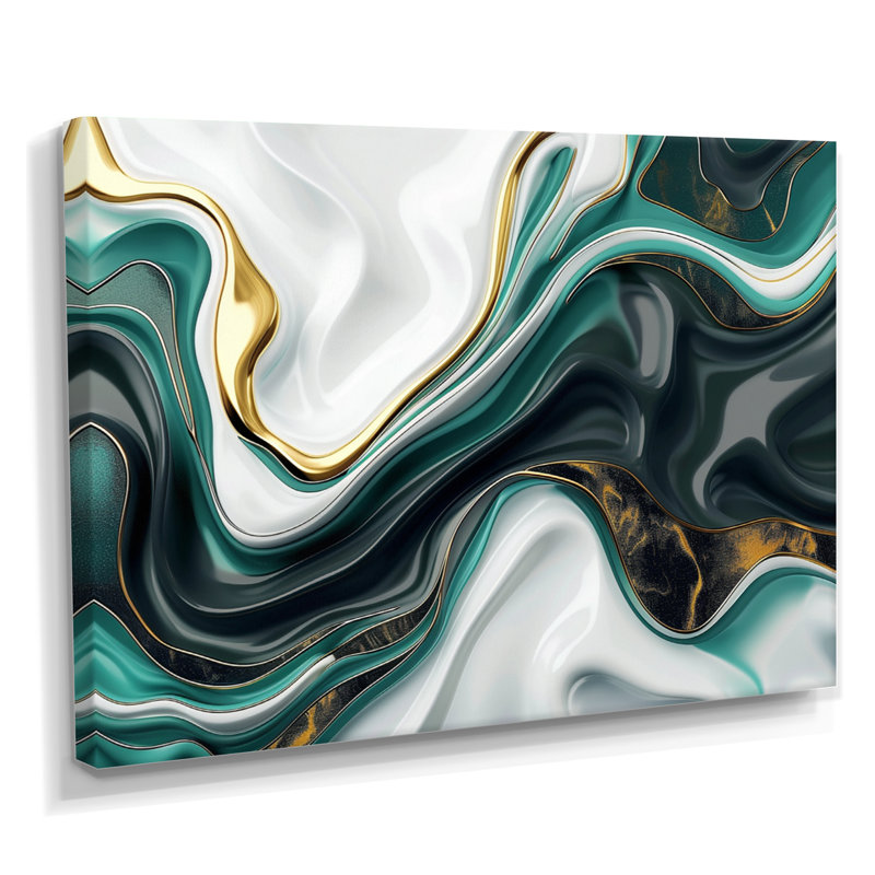 Océan vert, vagues dorées - encre liquide, art mural abstrait, Toile tendue, H 34 po x l 44 po