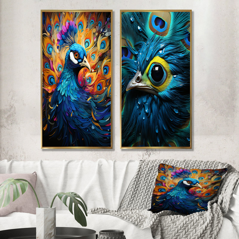 Peacocks Royal Plumage - ensemble d'art mural sur toile paon de 2, Encadrement doré, H 32 po x l 33 po