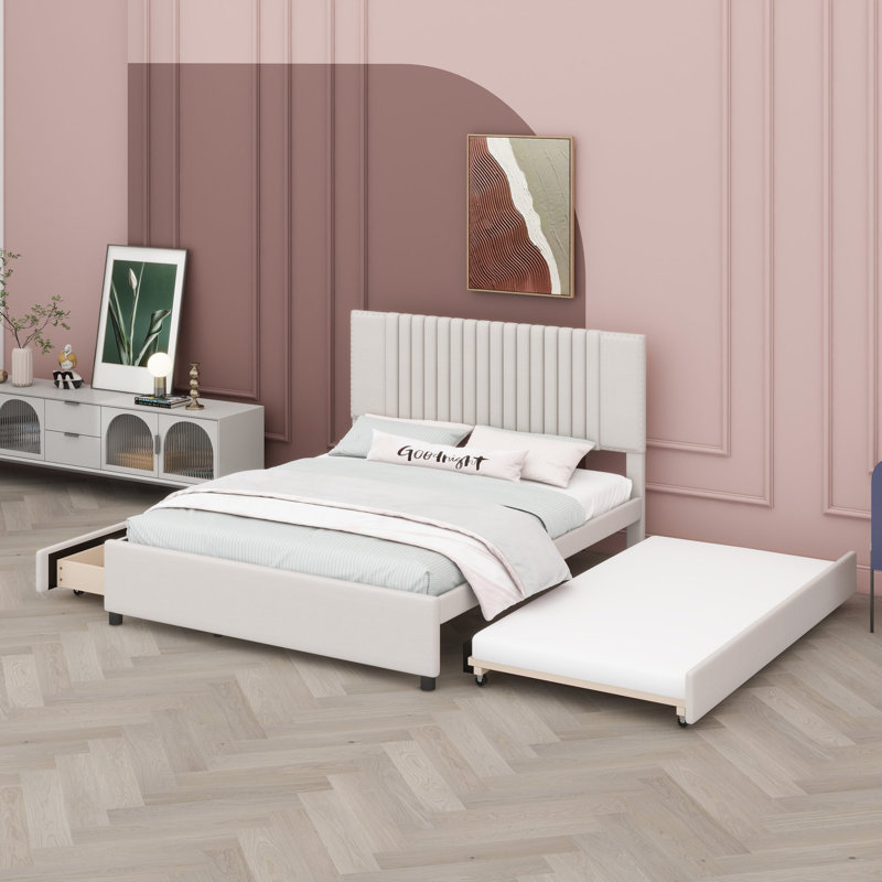 Lit plateforme avec lit gigogne et tiroirs, doté d'une tête de lit classique pour chambres chics et contemporaines