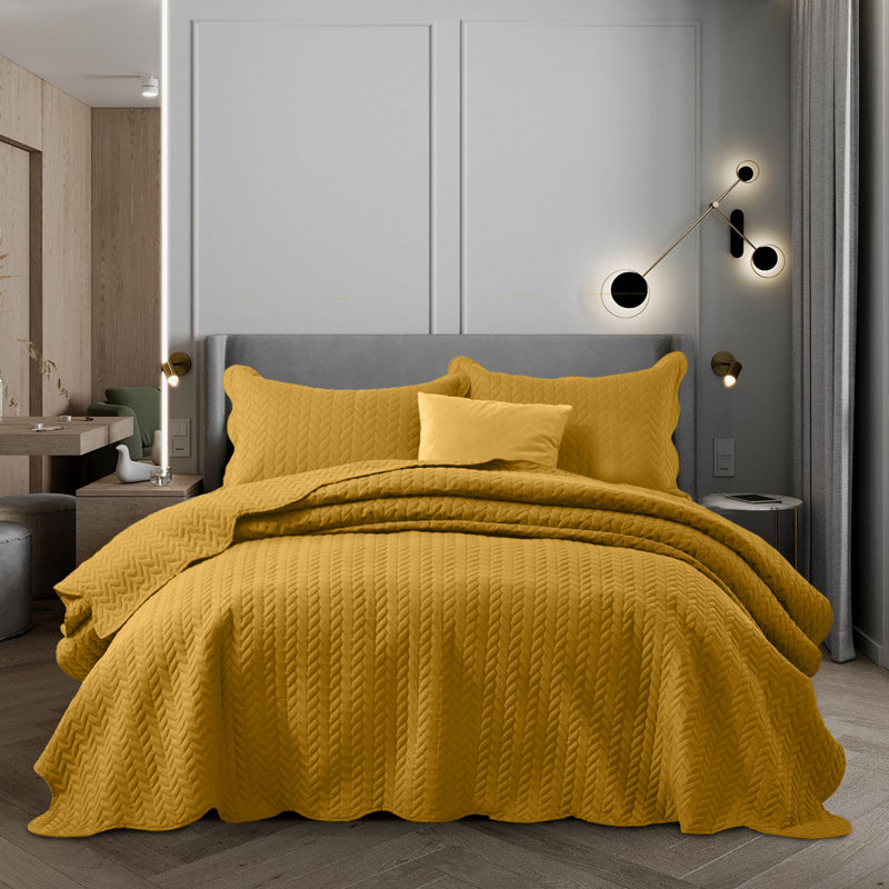 Ensemble de couvre-lit matelassé en microfibre moderne et contemporaine, Couvre-lit simple + 1 taie d'oreiller standard, Ocre