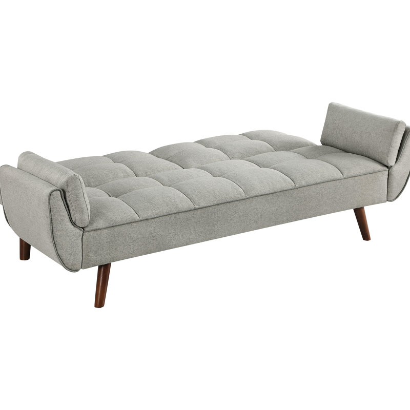 Lit Mid-Century gris avec revêtement doux et pieds en finition noyer pour un accoudoir encastré en tissu de conception classique