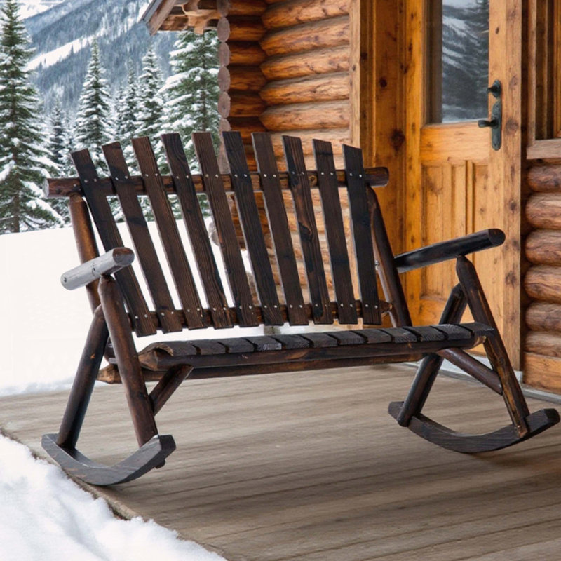 2-Person Rustic Adirondack Rocking Chair with Slatted Design