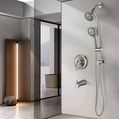 Douche 7 jets - Barre coulissante en acier inoxydable, douche à main, bec de baignoire, système de spa mural à double tête en acier, fonction pluie, fixation pivotante