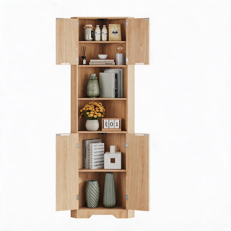Grande armoire d'angle avec 2 portes et 2 tablettes de rangement ouvertes, armoire de rangement d'angle de 69 po avec porte cannelée