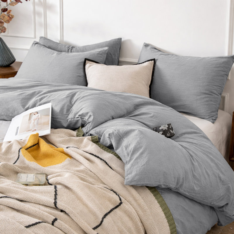 3-Piece Dyed Duvet Cover Set With Pillowcases, Grey, Single Duvet Cover + 2 Standard Pillowcases
