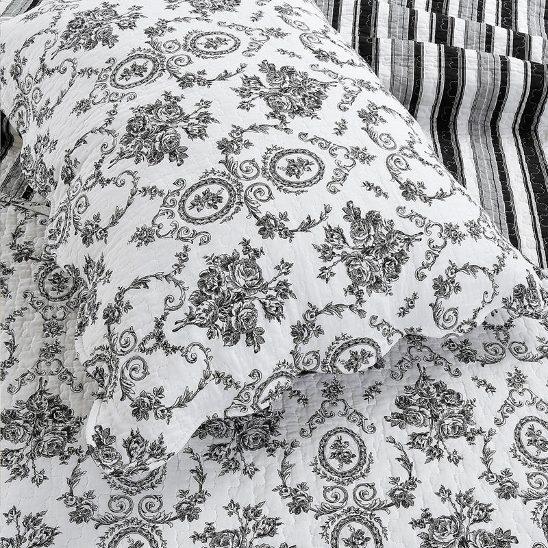 French Medallion Farmhouse / Country Cotton Medallion Quilt, Queen Quilt + 2 Shams, Black