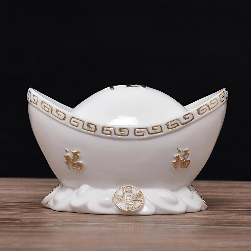 Figurine lingot doré - charme de prospérité en porcelaine fabriqué à la main, Blanc