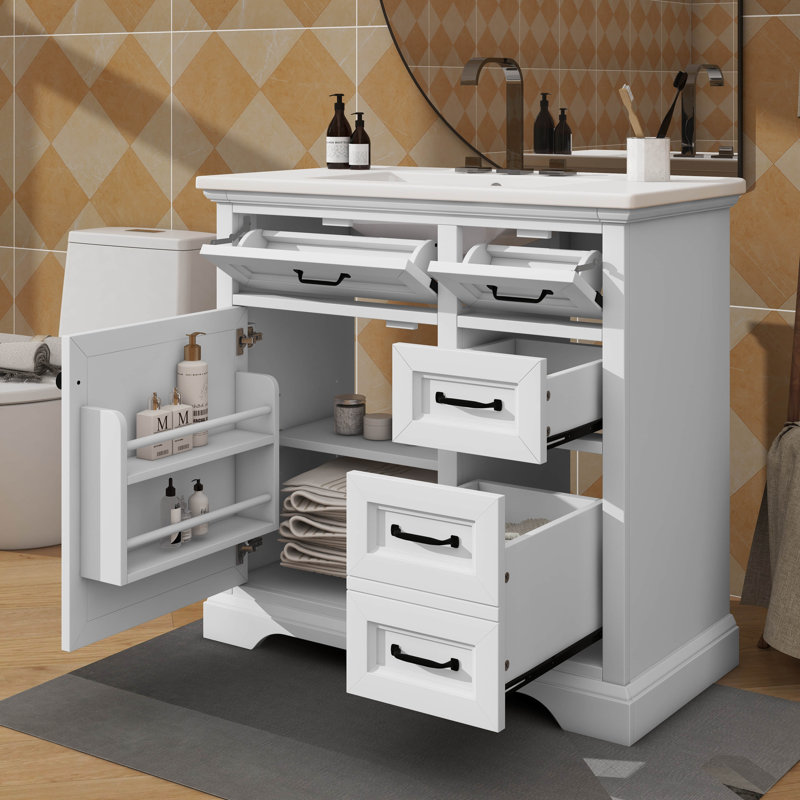 Meuble-lavabo 36 po avec lavabo, lavabo en céramique, 2 tiroirs basculants, Blanc