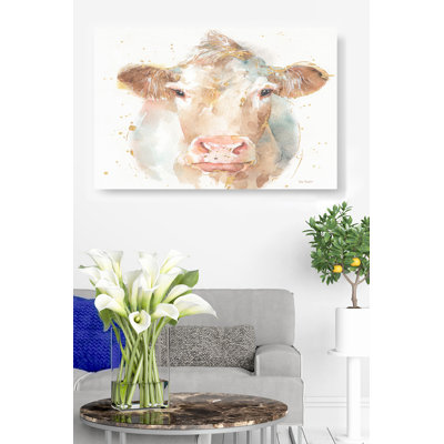 Visage de vache, amis de la ferme II, bovins, élevage, ferme, ferme, ferme, sur blanc, animal, brun, orange, jaune, or, rose, impressionniste, aquarelle