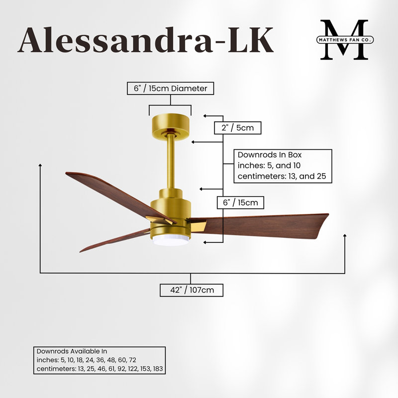 Alessandra - Three Blade Transitional Ceiling Fan -LED, Walnut, 42", Brushed Brass