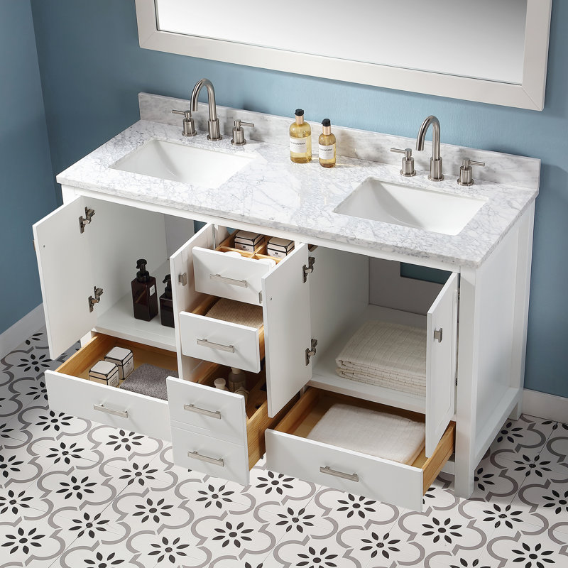 Whitney 60'' Double Bathroom Vanity with Carrara Marble Top, White, Brushed Nickel