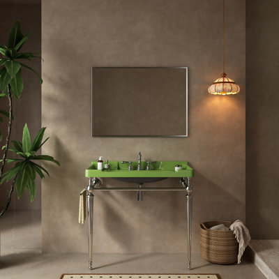 36" Bathroom Console Sink, Wall-Mounted Green Ceramic Vanity Basin With 3 Pre-Drilled Faucet Holes, Freestanding Stainless Steel Support Legs With Towel Bar, No Faucet & Sink Cover, Chrome Colour