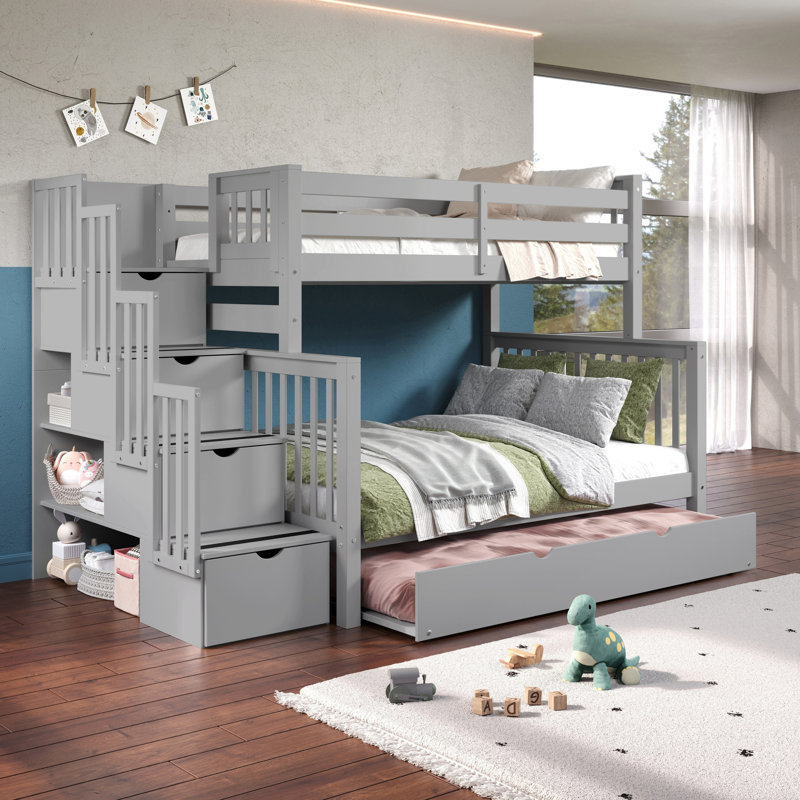 Tena Solid Wood Standard Stairway Bunk Beds Twin over Full, 4 Drawers in the Steps, Twin Trundle, Gray, Gray