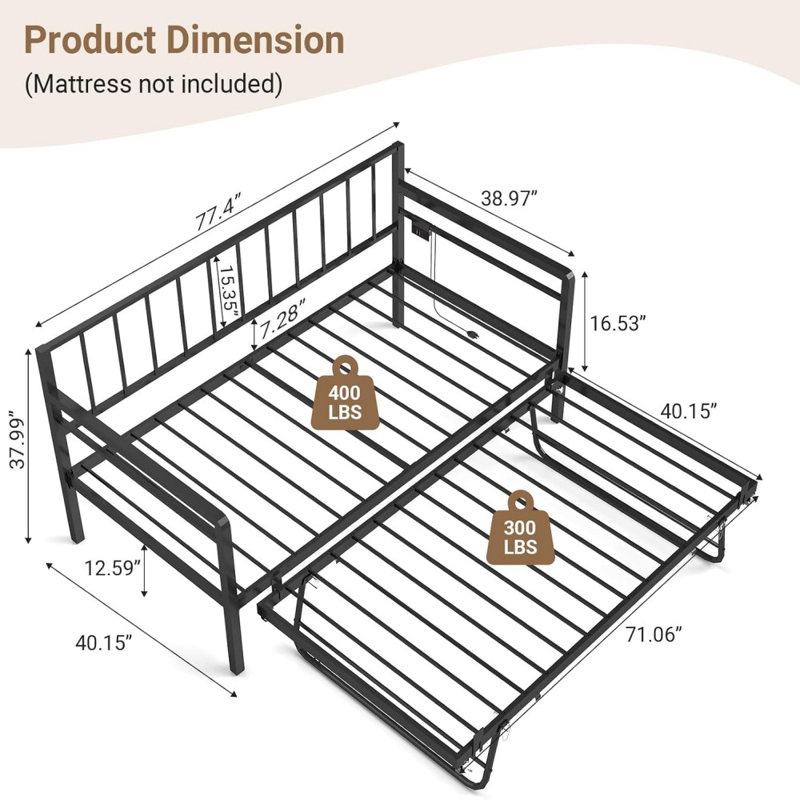 Twin Metal Daybed with Pop Up Trundle, LED Daybed Sofa Bed with Charging Station