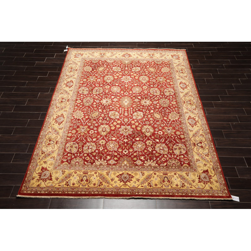 Tapis décoratif en laine noué à la main de conception unique 8 pi x 10 pi 3 po Faedo en rouge/gris/brun