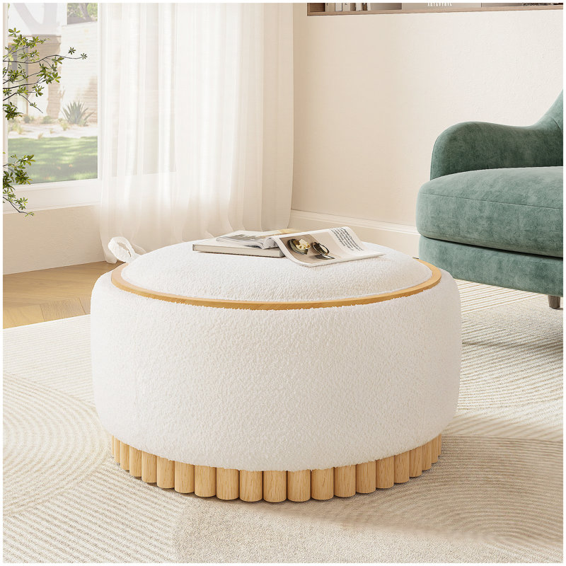 Repose-pieds de rangement rond de 29 po avec pieds en bois massif, table basse moderne avec couvercle réversible, structure en bois, repose-pieds en tissu Boucle pour le salon, aucun assemblage requis