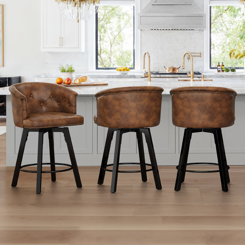 Swivel Counter Stool With Upholstered Seat And Metal Frame  Set Of 3, Brown