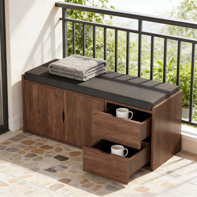 Banc de rangement industriel avec range-chaussures caché et 2 tiroirs, banc de siège rembourré pour vestibule, salon et chambre à coucher