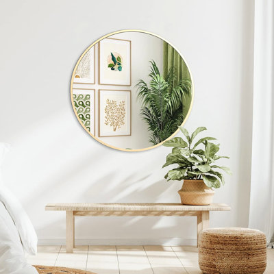 Miroir mural rond en métal doré 32 pouces - Accessoire de décoration de salle de bain moderne, verre, cadre rouillé, processus d'installation facile pour panneau de densité HD contemporain, quincaillerie renforcée