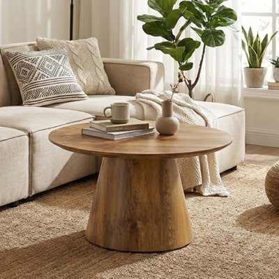 Table basse ronde minimaliste avec finition grain de bois naturel