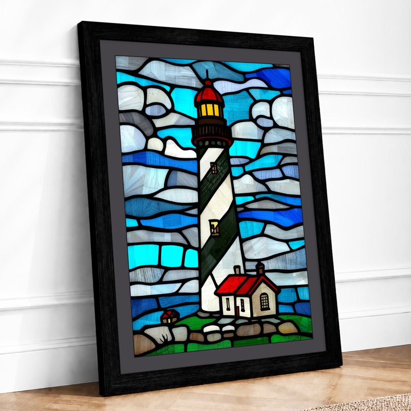 Stained Glass Lighthouse Coastal - Framed Print, Black, A3 - 42.0 x 29.7 cm