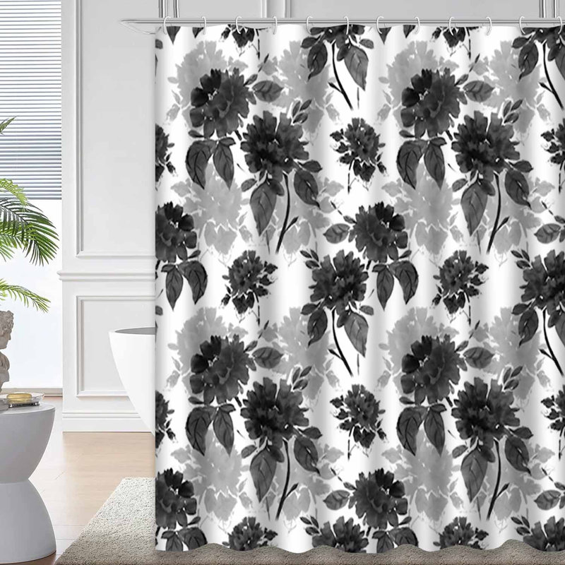 Rideau de douche noir à motif floral noir avec 12 crochets, L 72 po x l 72 po