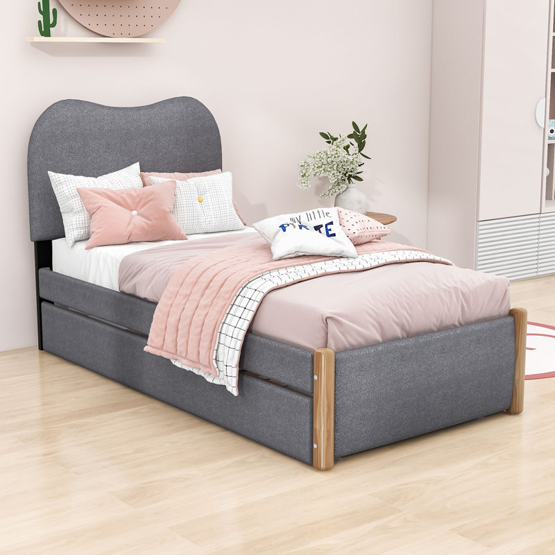 Lit plateforme tapissier en bois avec tête de lit simple et lit gigogne Jasontyler, gris