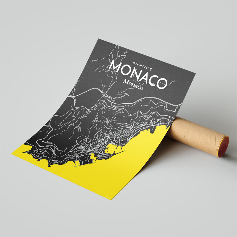 Monaco City Map, impression, H 20 po x l 16 po, Noir/jaune