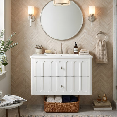 30" Modern Floating Bathroom Vanity with Integrated Ceramic Sink, Solid Wood Frame 2-Drawer Cabinet (Black/White)