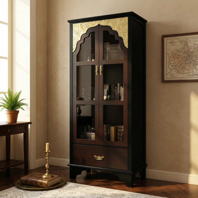  Benevento 70.9"H Rectangular 3-Tier Bookcase With Glass Doors And Drawers
