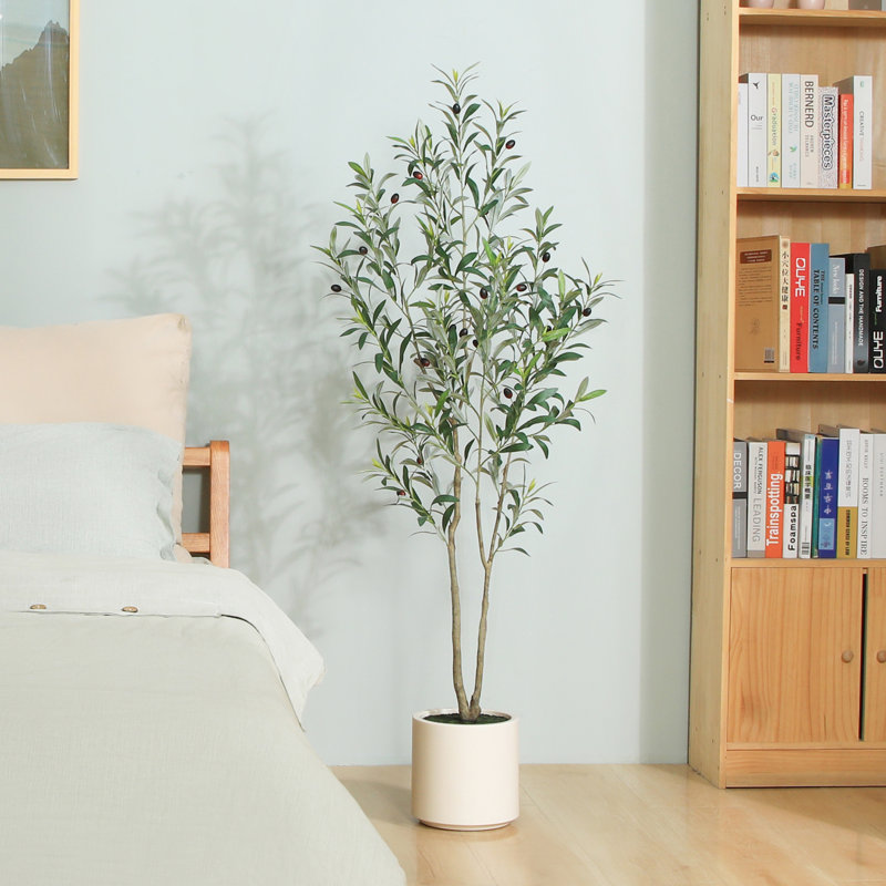 60" Faux Olive Tree in White Planter, Lifelike Fake Olive Plant for Indoor and Outdoor Decor, 60'' H x 8.6'' W x 8.6'' D