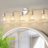 Luminaire de meuble-lavabo moderne à intensité variable en nickel poli avec abat-jour en verre transparent conique