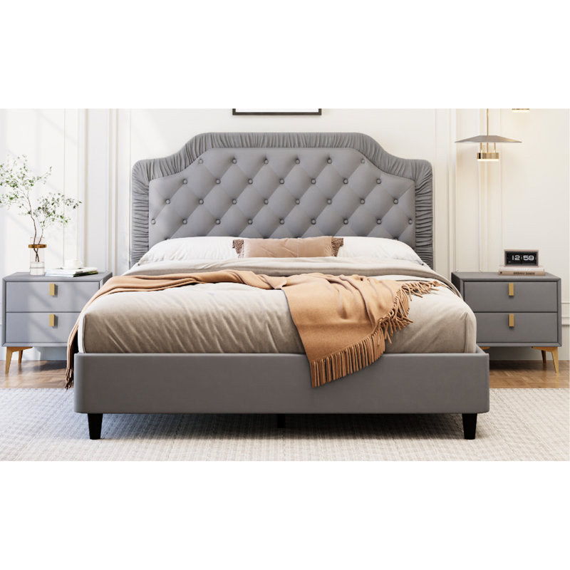 Lit gris très grand, tête de lit avec capitonnage à boutons, sans sommier, fabrication en bois et en métal, capacité de poids de 600 lb, lit et tête de lit en velours, besoin de ressort, longue durée