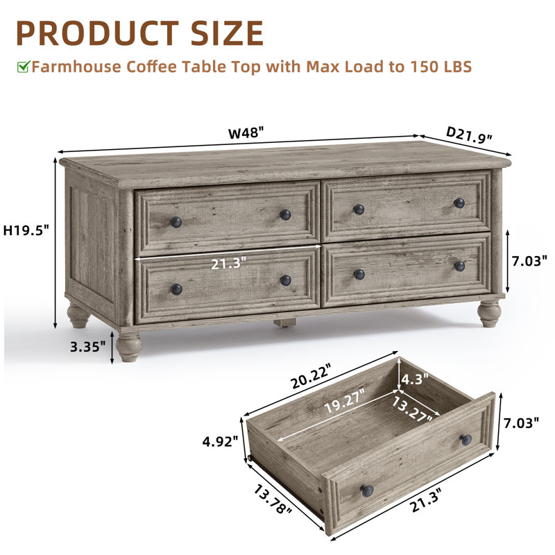 48" Farmhouse Coffee Table With Hidden Storage,Wooden Coffee Tables With 4 Drawers & Roman Column Handle,Rectangular Rustic Center Table With Solid Wood Curved Base For Living Room,Office