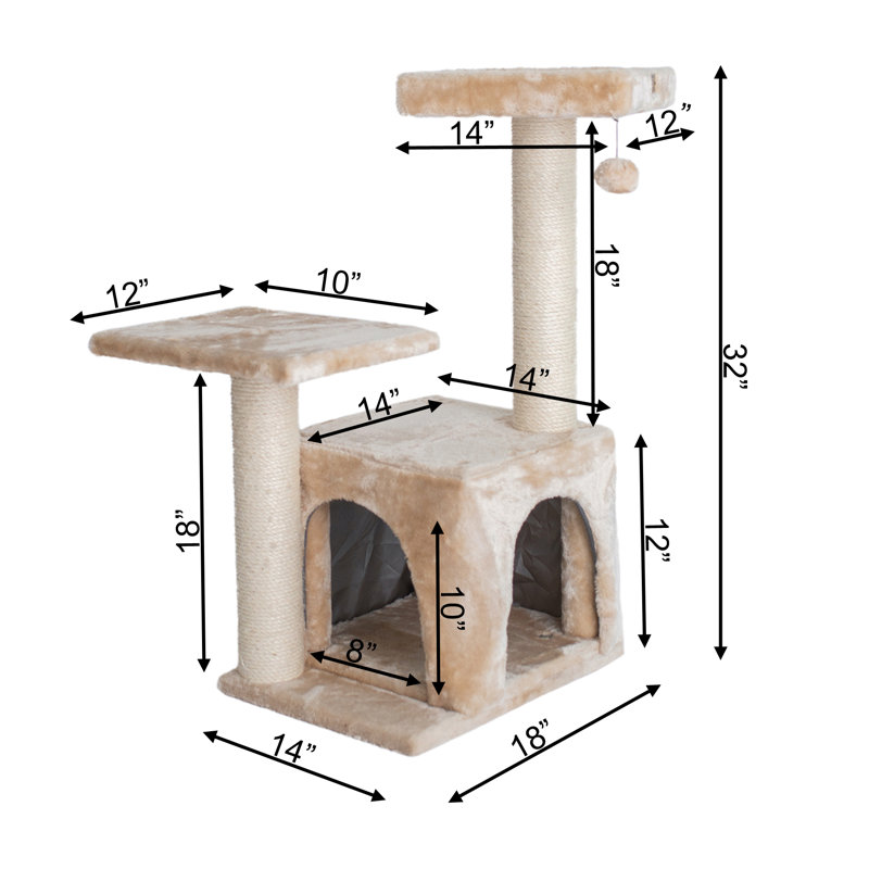 Beige Sisal and Plush 32-Inch Cat Tree with Playhouse